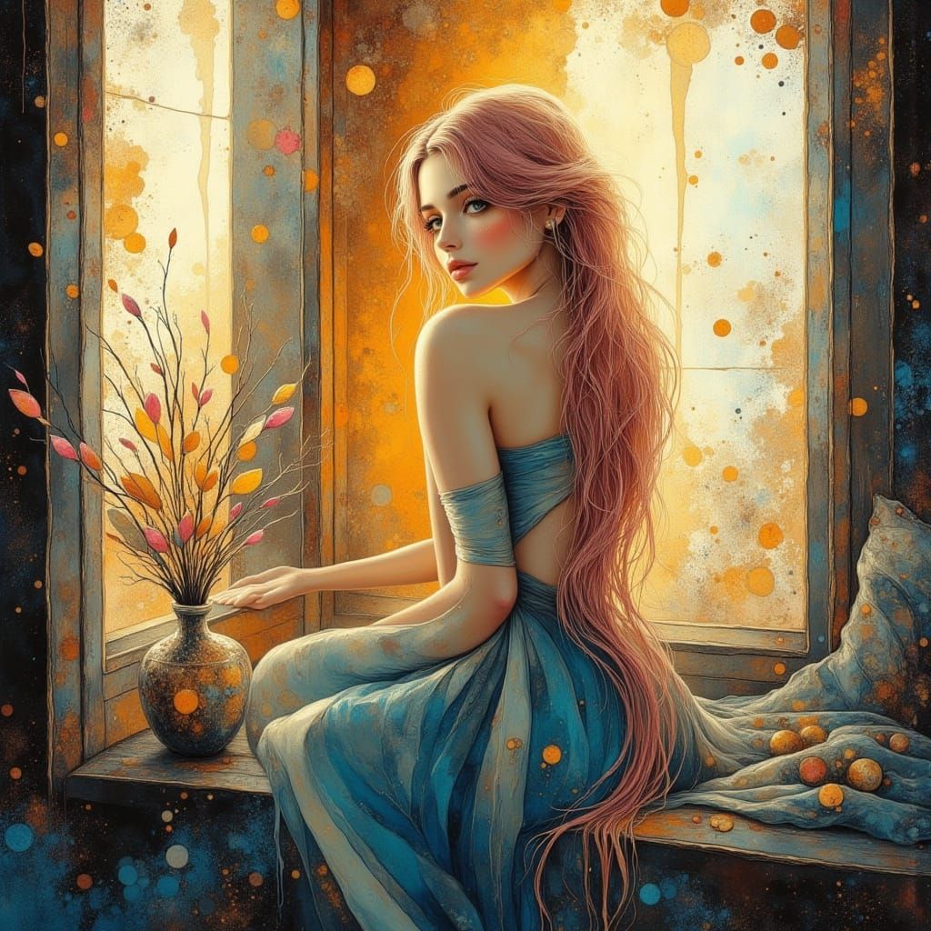 Beautiful Blonde-Pink Haired Woman in Corset Dress