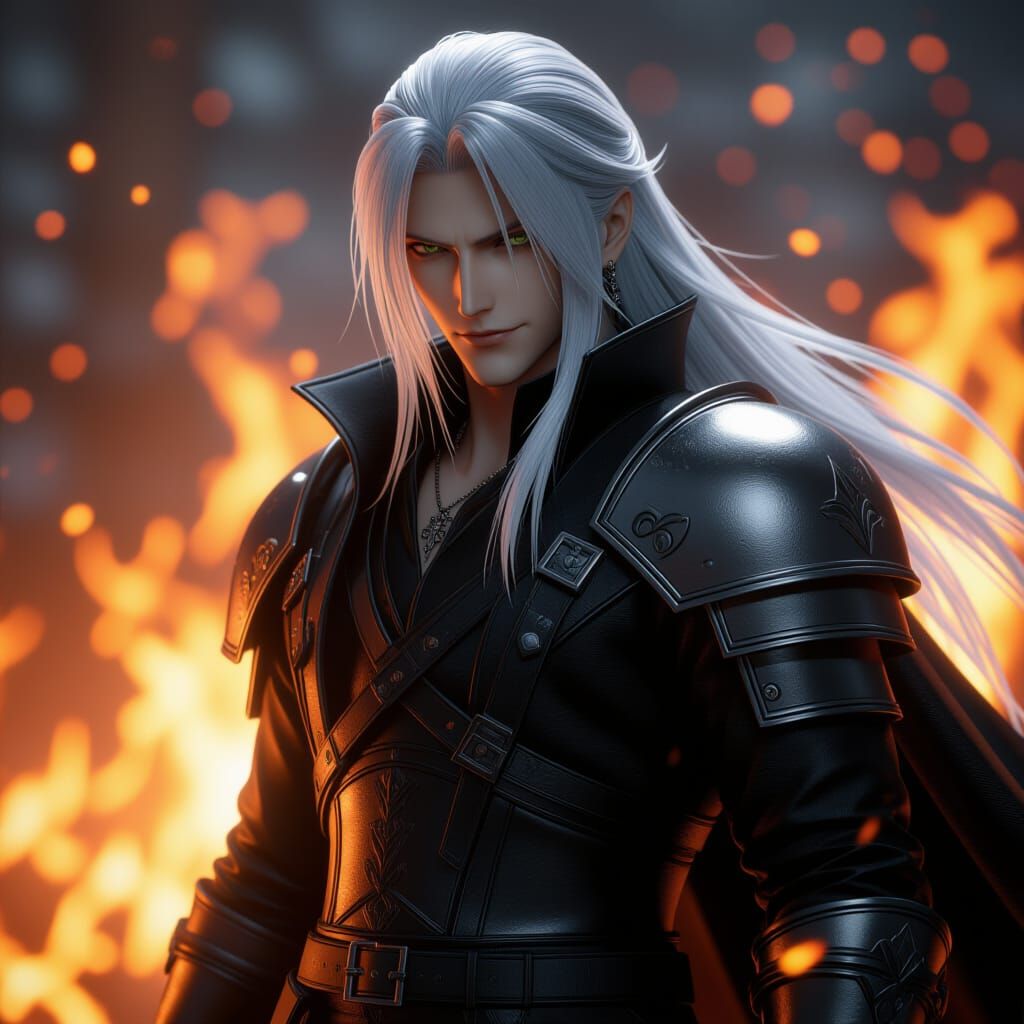 Sephiroth with Black Wing Amidst Flames