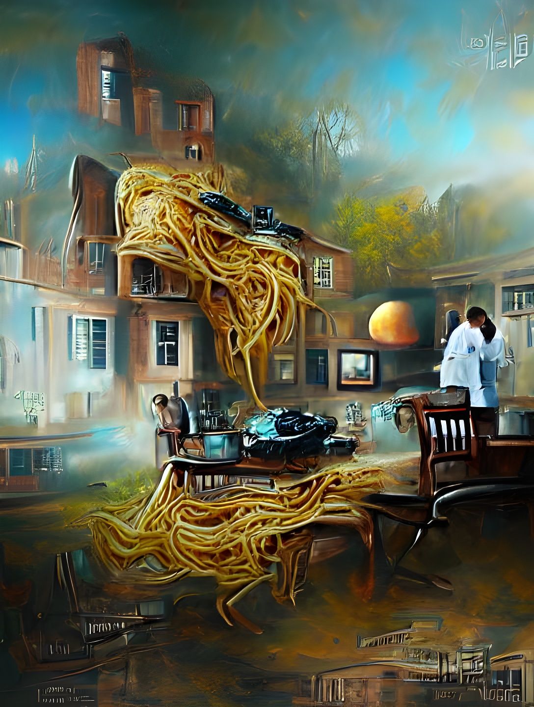 Doctor House and Alien Enjoying Spaghetti, Oil Painting