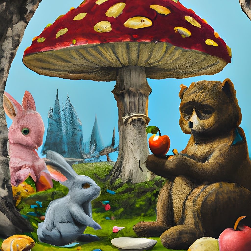 Cute Bunny and Bear Share Apple, Ghibli Style