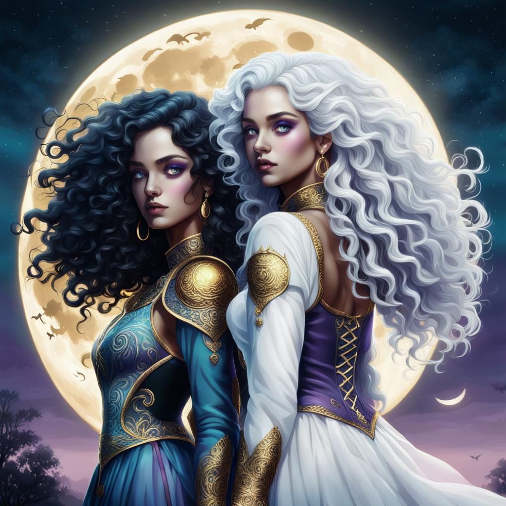 Moonlit Fantasy: Girls with Black and White Hair
