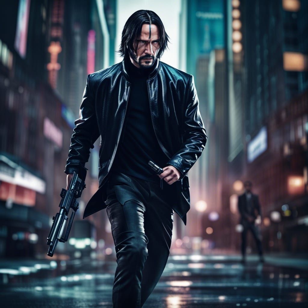 Assassin Dodging Bullets in Cyberpunk Cityscape