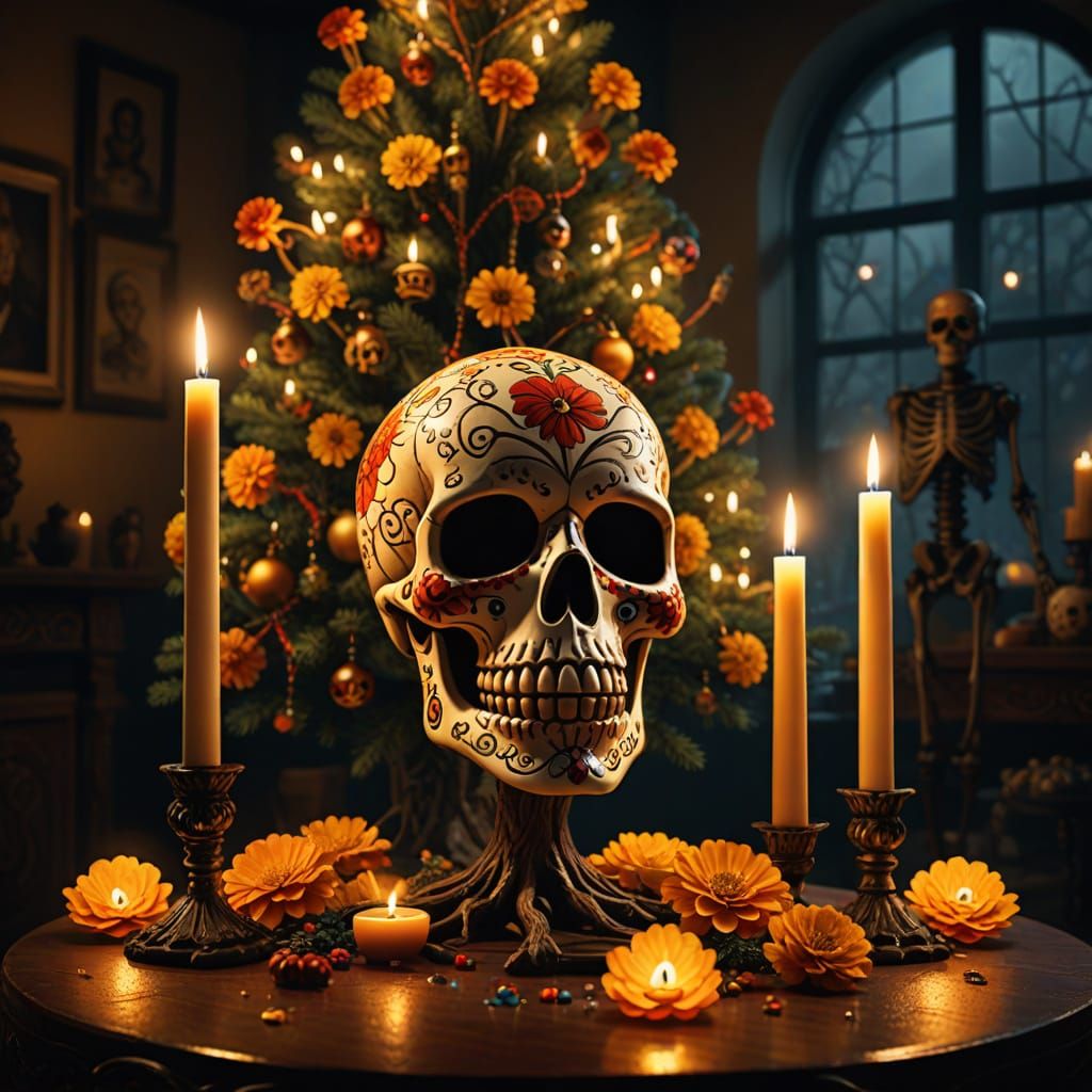 Day of the Dead Christmas Tree with Skulls and Marigolds