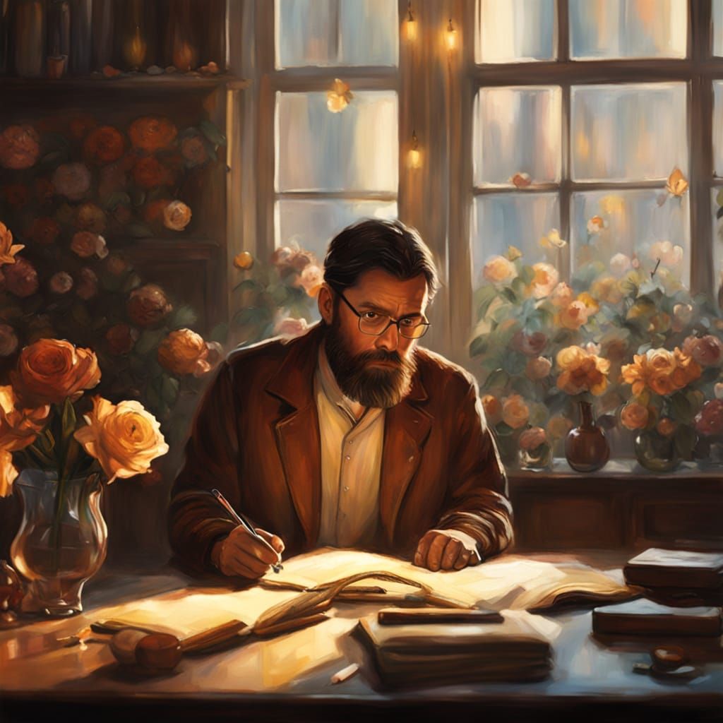 Man at Desk of Light: Vibrant Oil Painting