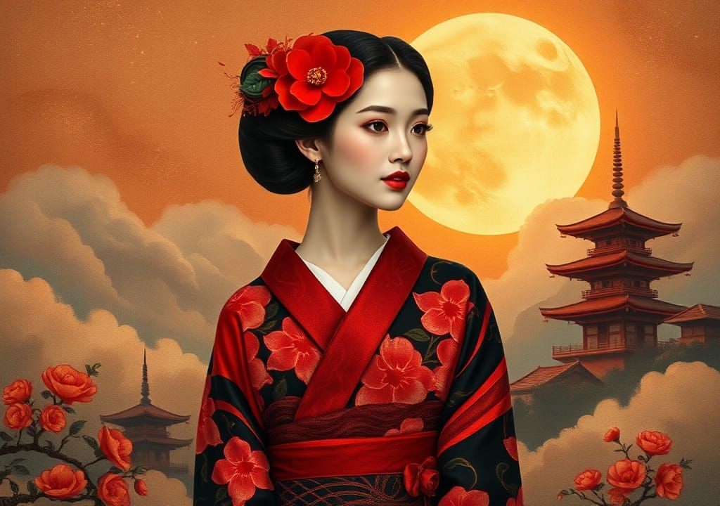 Japanese Woman in Kimono with Moonlit Pagodas