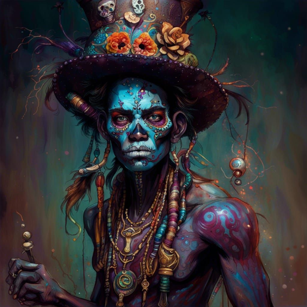 Voodoo witch doctor in a top hat Día de los Muertos makeup 5