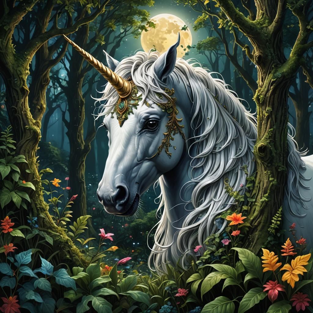 Majestic Unicorn in Lush Fairycore Forest