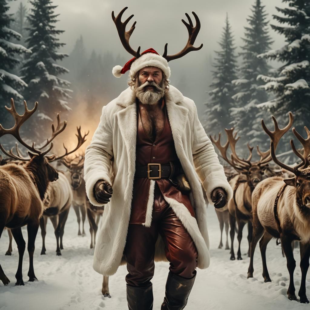 Muscular Santa with Reindeer in Cinematic Film Still