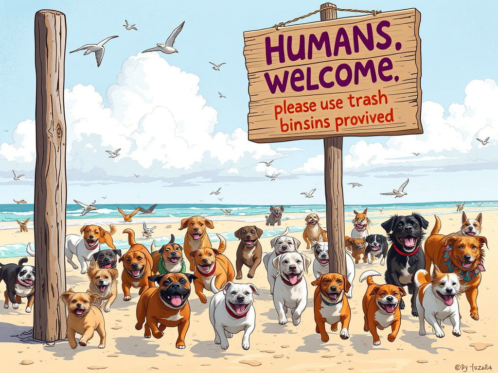 Playful Dogs on Sunny Beach, Whimsical Art Style