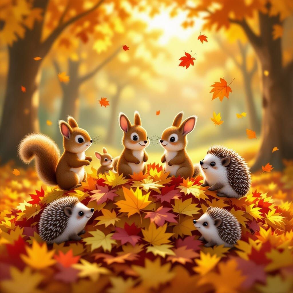 Cute Animals Play in Autumn Leaves with Golden Sunlight