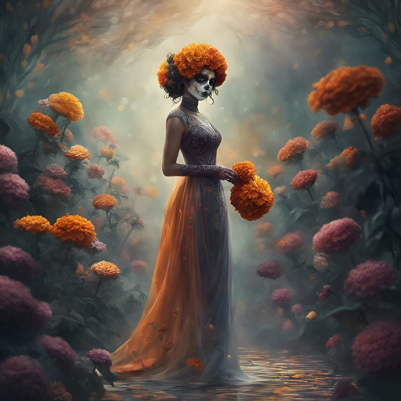 Día de los Muertos Woman with Marigold Mask