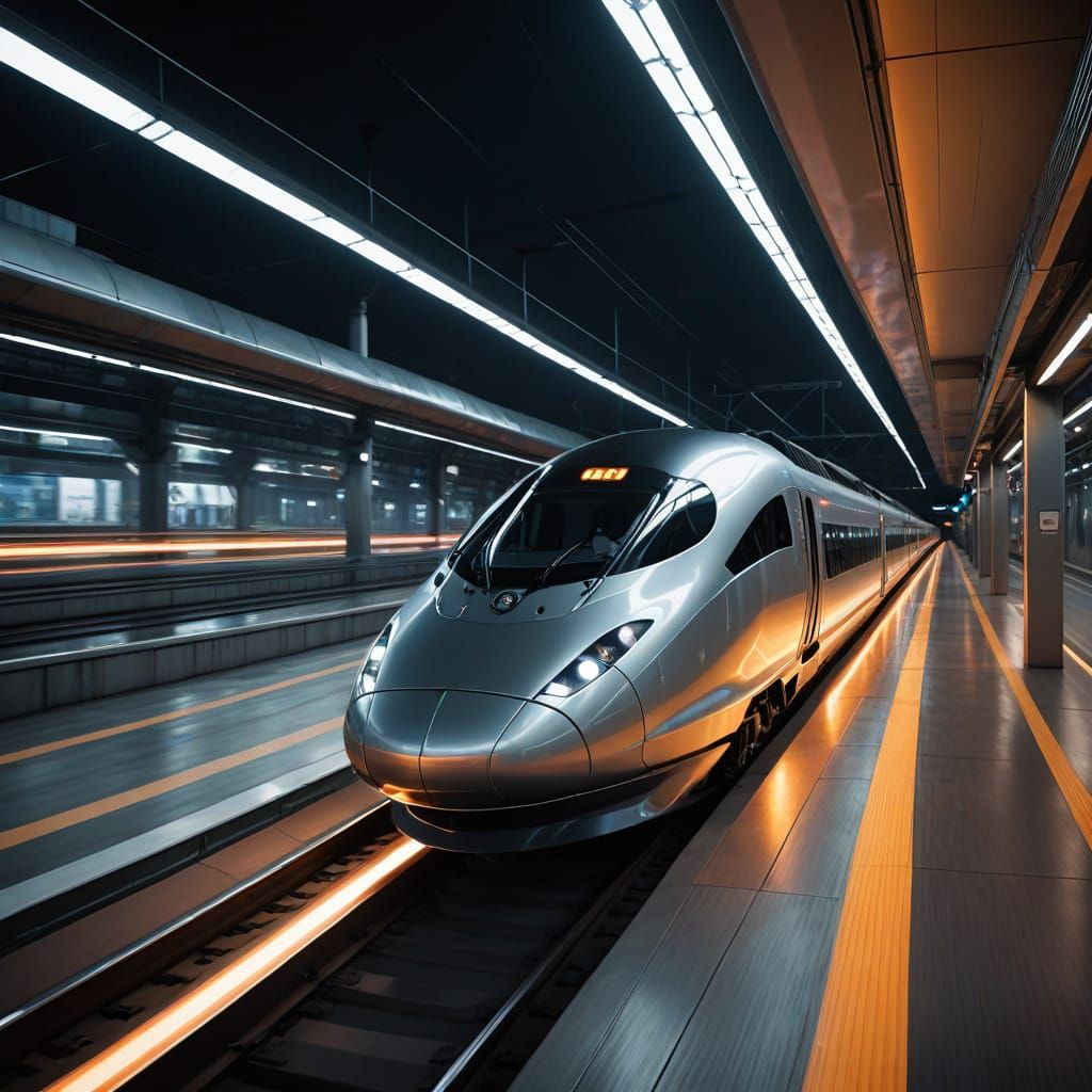 Futuristic Train Speeds Across Glowing Rail