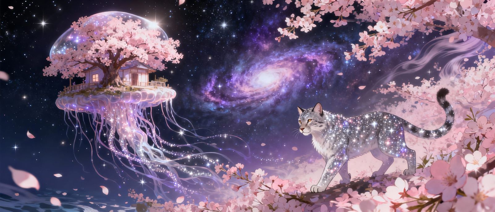 Cosmic Cherry Blossom Treehouse with Star Ocean Lynx
