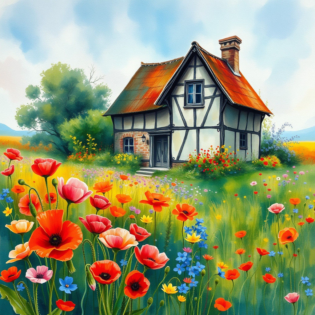 Colorful Watercolor House in Blooming Poppy Meadow