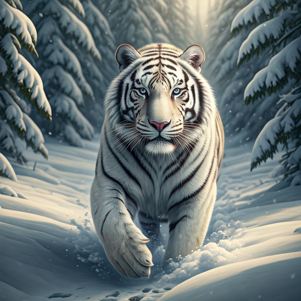 White Tiger Walking Through a Snowy Winter Forest