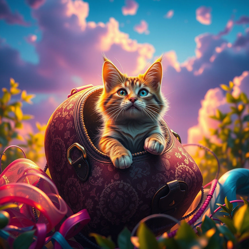 Whimsical Cat Escapes Mystical Bag in Dreamlike Landscape