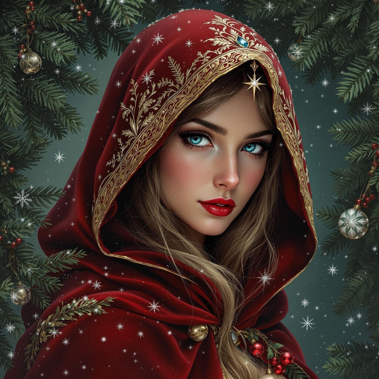 Christmas Fantasy Maiden in Velvet Crimson Hooded Cloak