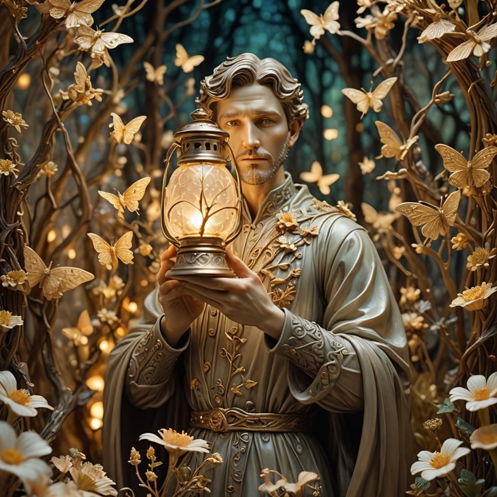 Art Nouveau Figurine with Lantern and Moths