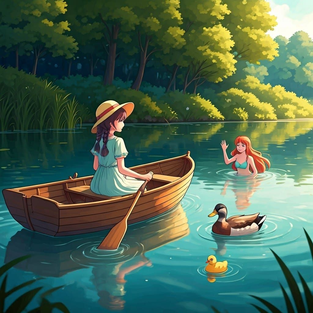Girl Rows Boat with Mermaid in Anime Style