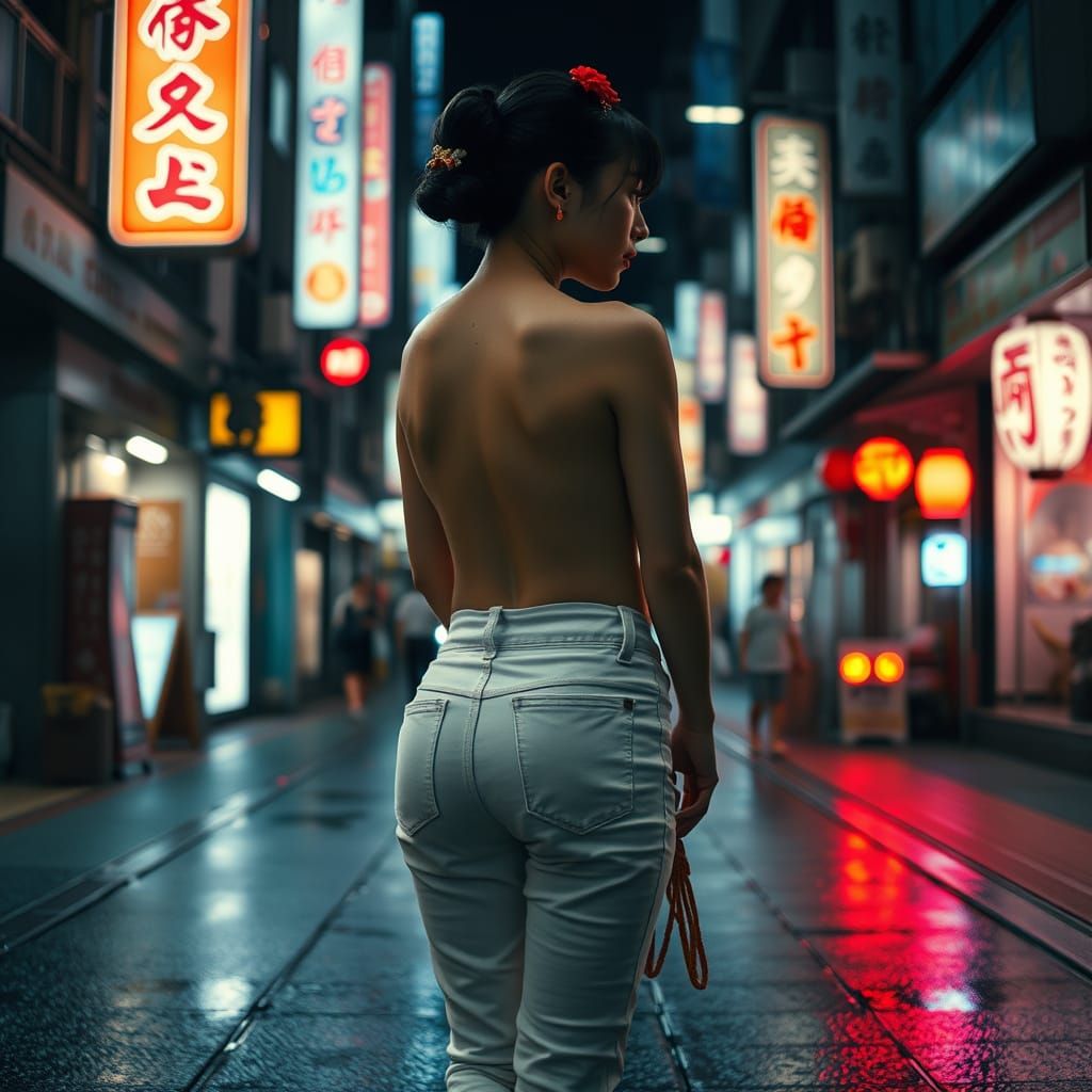 Geisha in Neon Tokyo Street with Moody Lighting