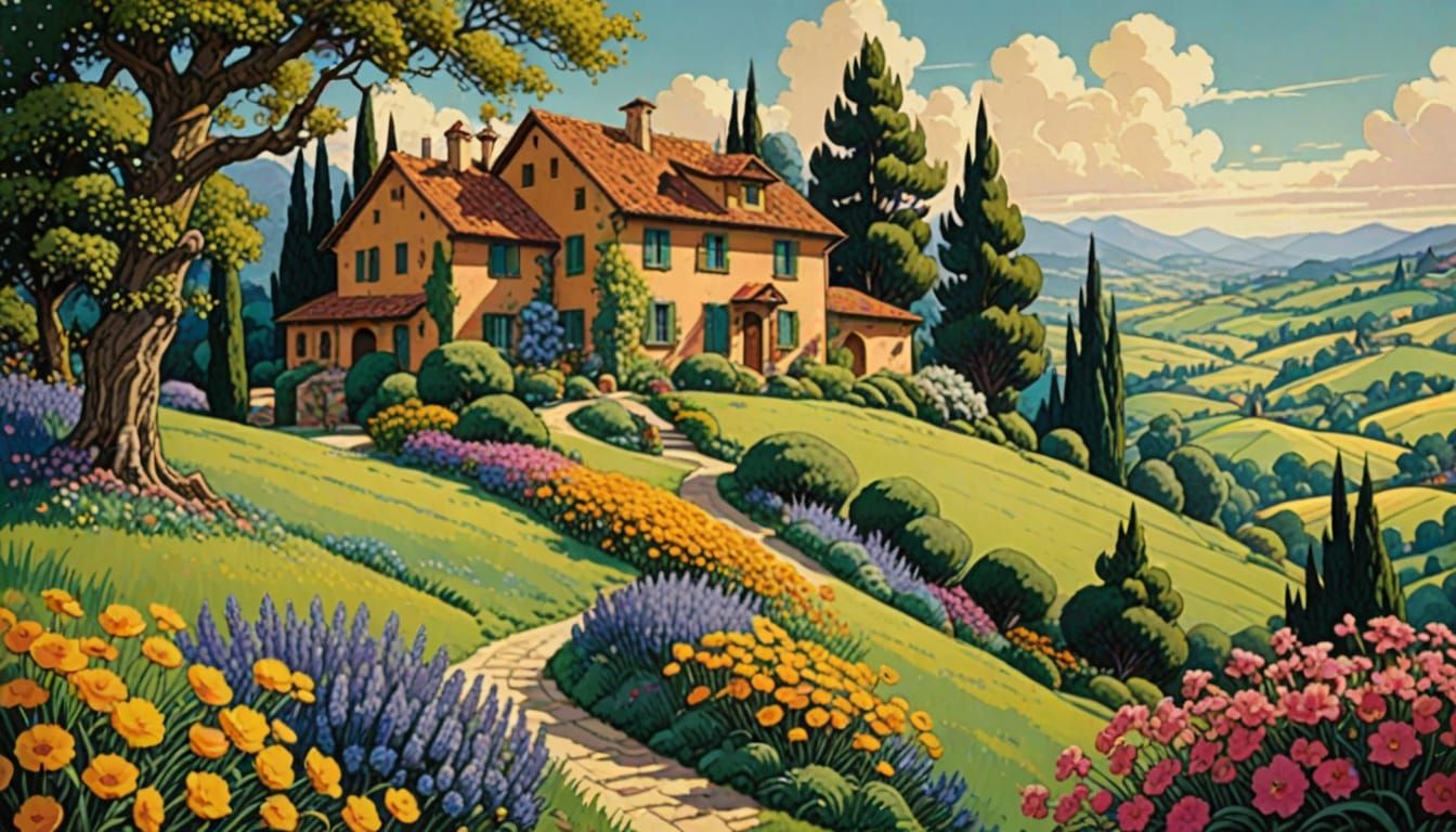 Tuscan Spring Landscape in Lithographic Style