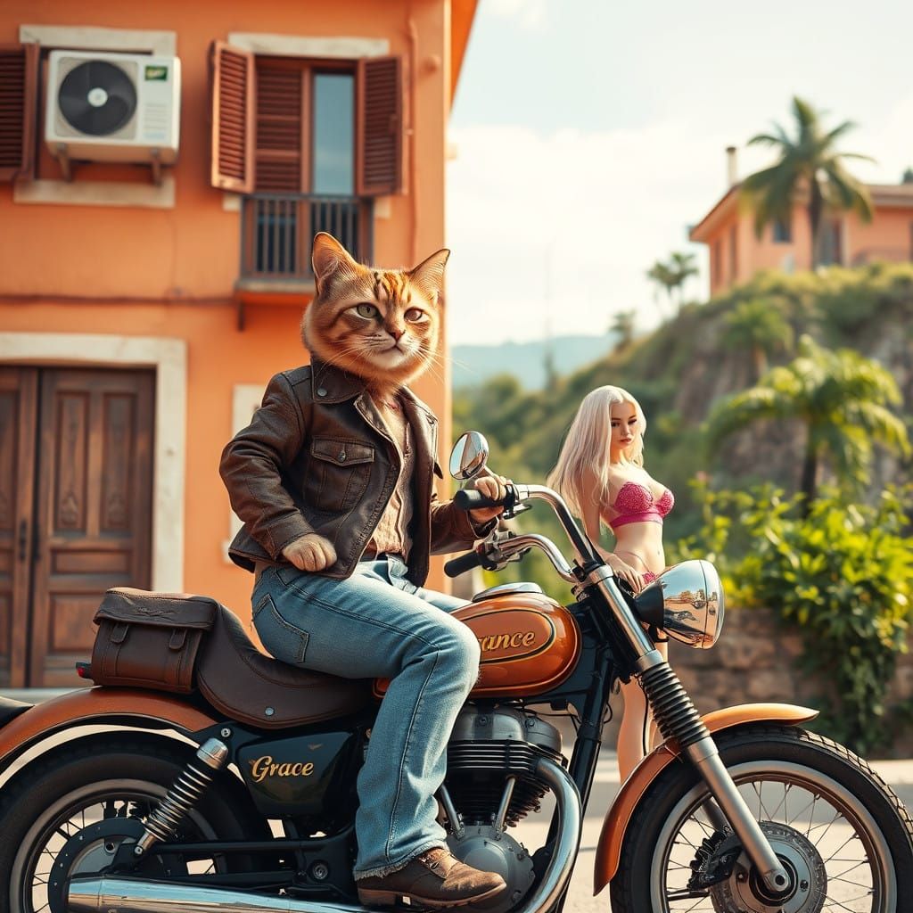 Whimsical Cat Rides Chopper in Vintage Setting, Surrounded b...