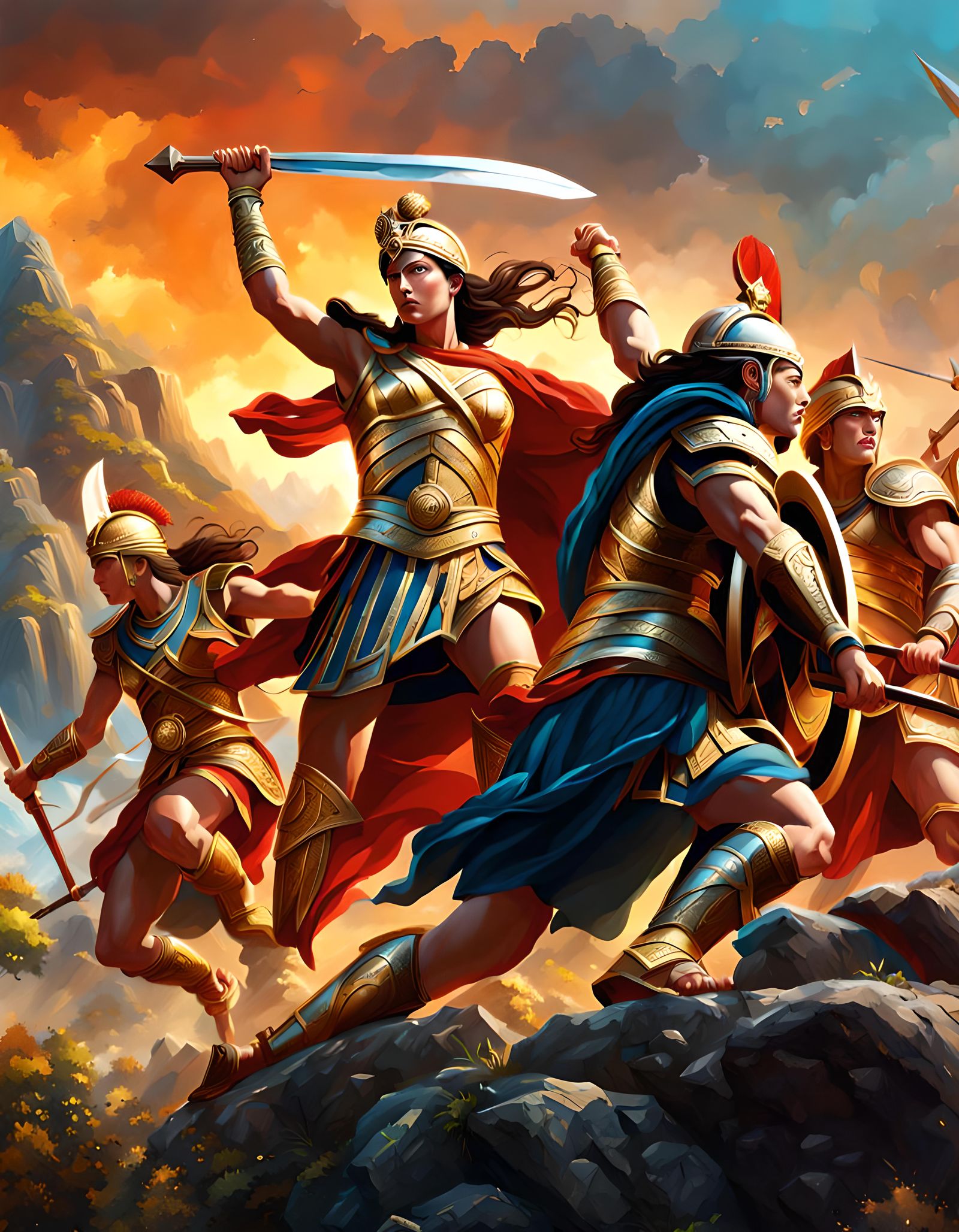 Epic Battle: Greeks and Amazons on Rocky Hillside