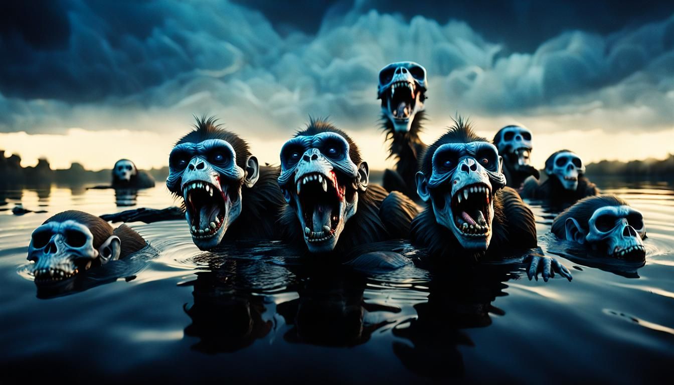 Zombie Monkey Monster Skulls on Dark Water