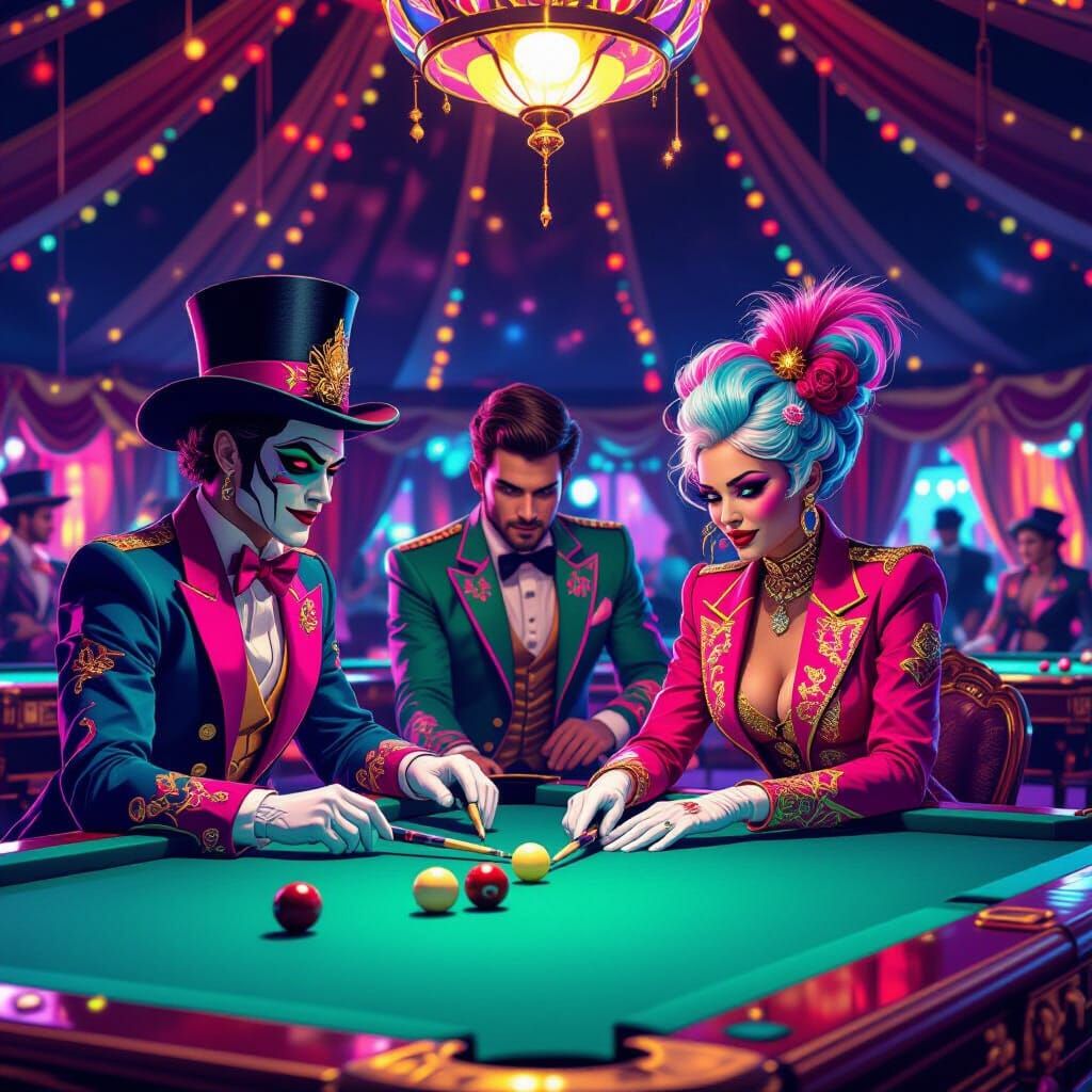 Digital Circus Characters Play Billiards in Neon-Lit Tent