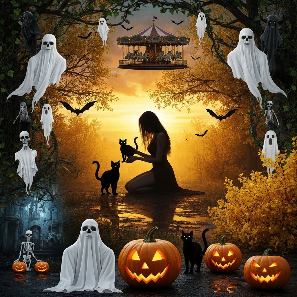 Mystical Halloween Collage with Ghosts and Folklore Creature...