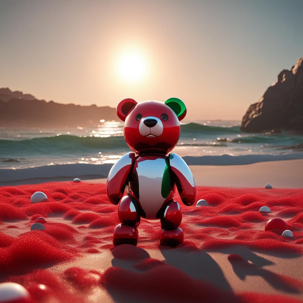 Toy Bear on Red Beach: Retrofuturistic Acrylic Art