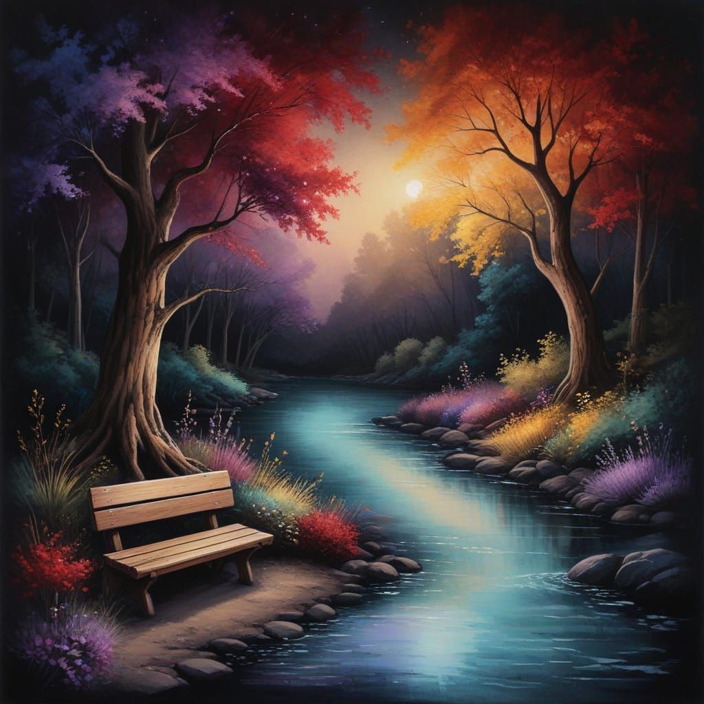 Peaceful Woodland River Scene at Nighttime