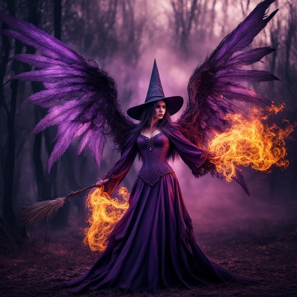 Winged Witch Calls Fire in Hyperrealistic Style