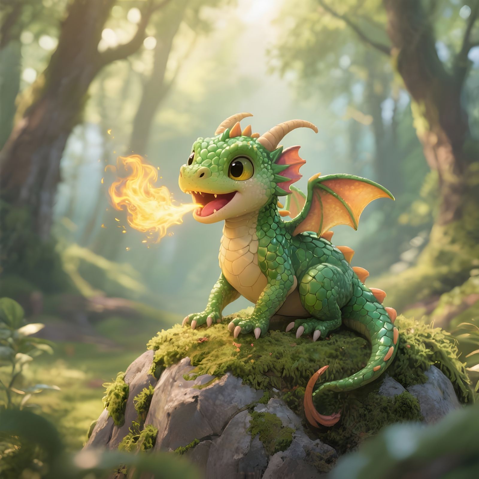 Cute Dragon Breathing Fire, Whimsical Art