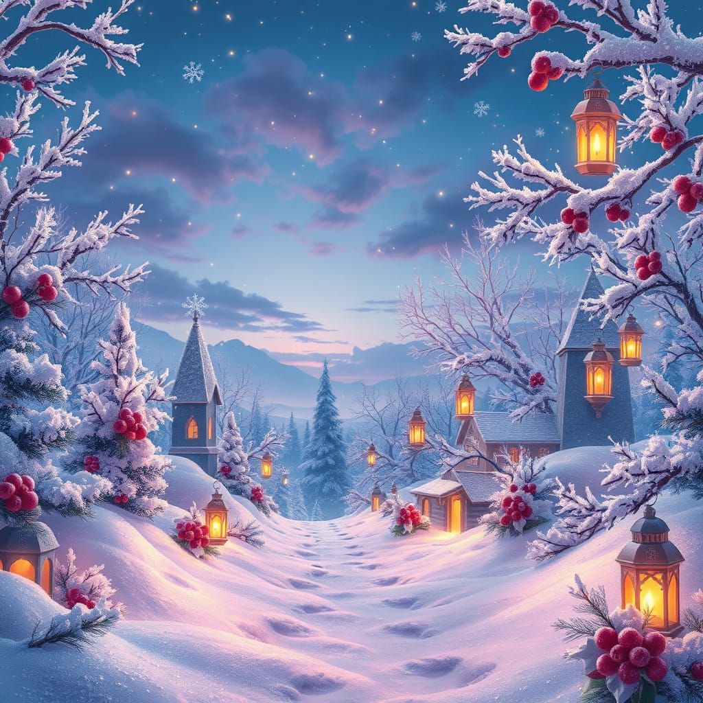 Whimsical Winter Wonderland in Soft Pastel Hues and Deep Blu...