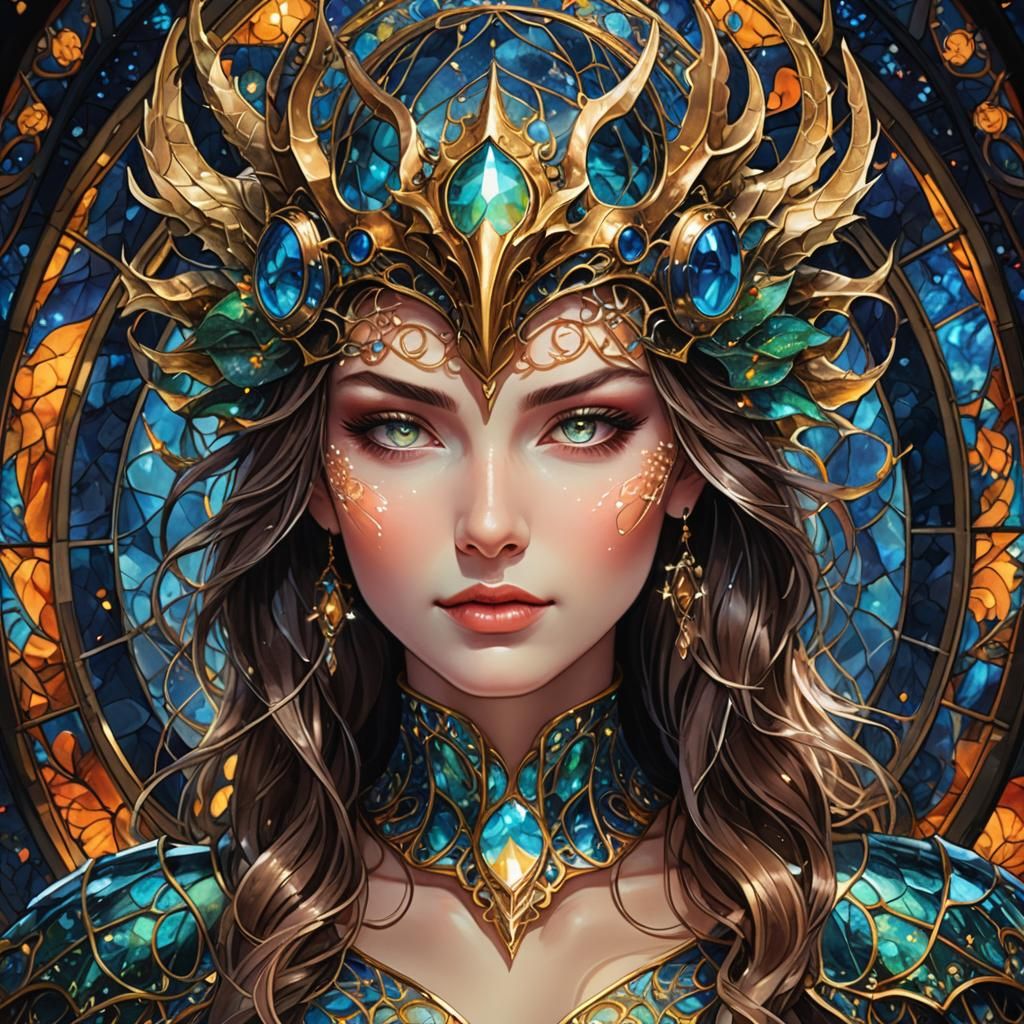 Stained Glass Portrait of Alluring Woman with Dragon Helmet