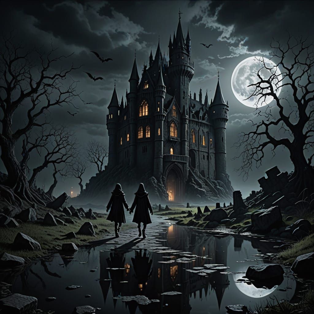 Eerie Castle at Night in Gothic Realism Style