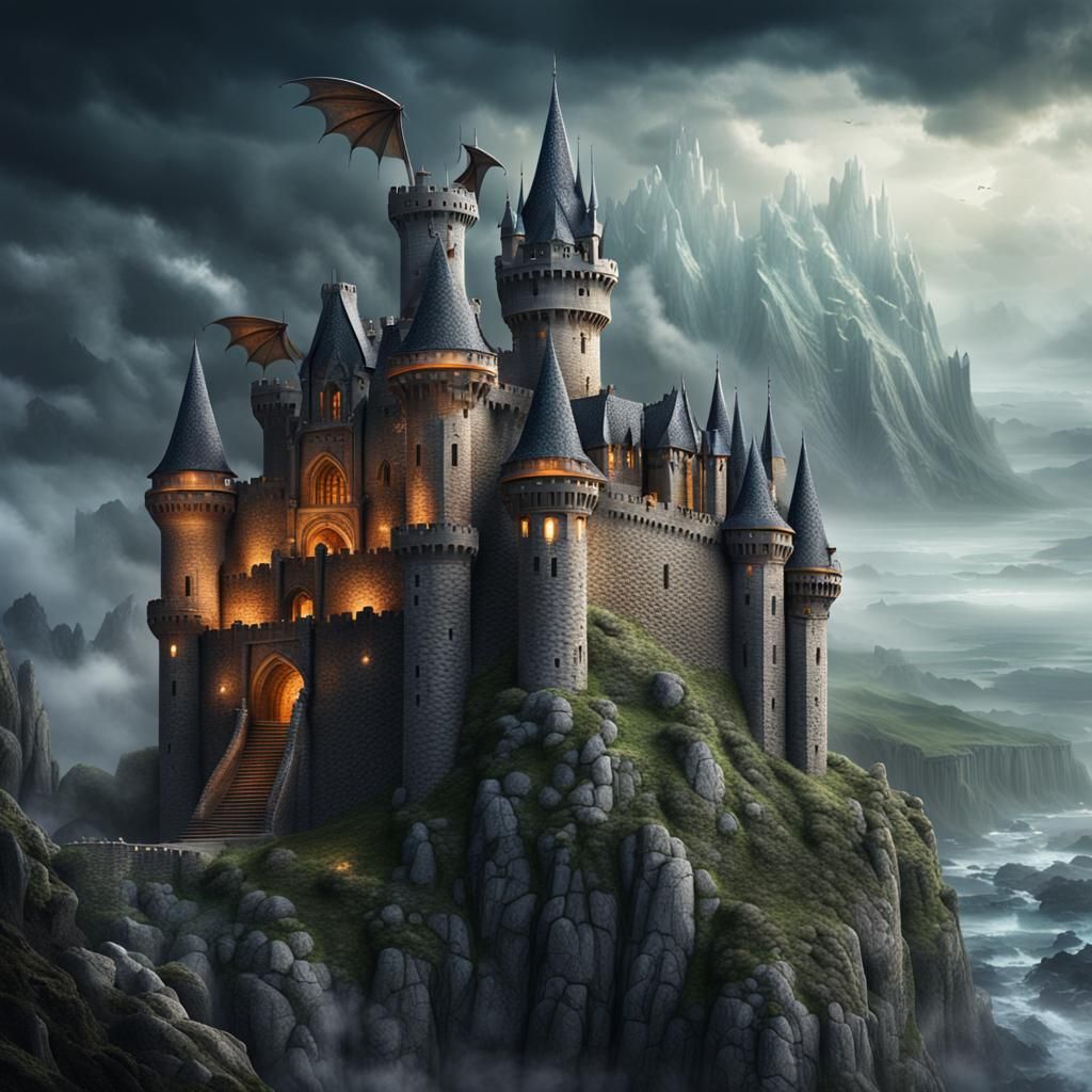 Majestic Dragons Castle on Misty Cliff Top