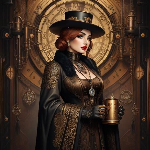 Steampunk Tree-Woman with Clockwork Snowman in Line Art