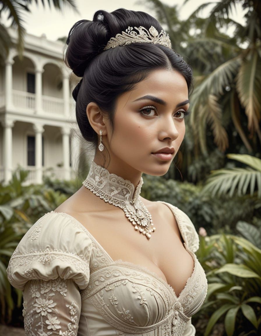 Vintage Portrait of Indonesian Woman in Colonial Garden