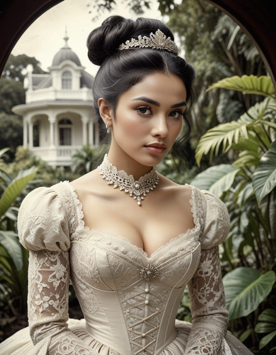 Indonesian Woman in Colonial Garden: Vintage Style