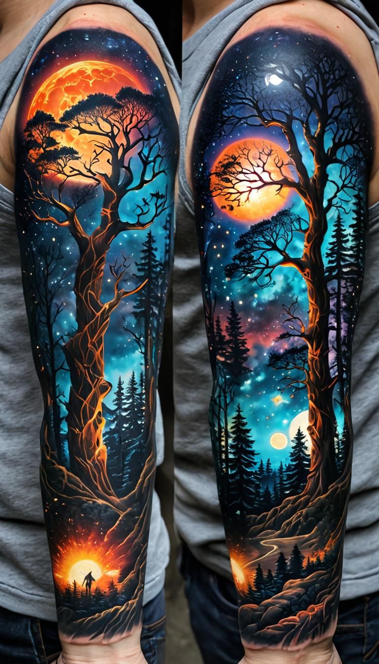 Hyperrealistic Color Tattoo Sleeve: Forest and Celestial Des...