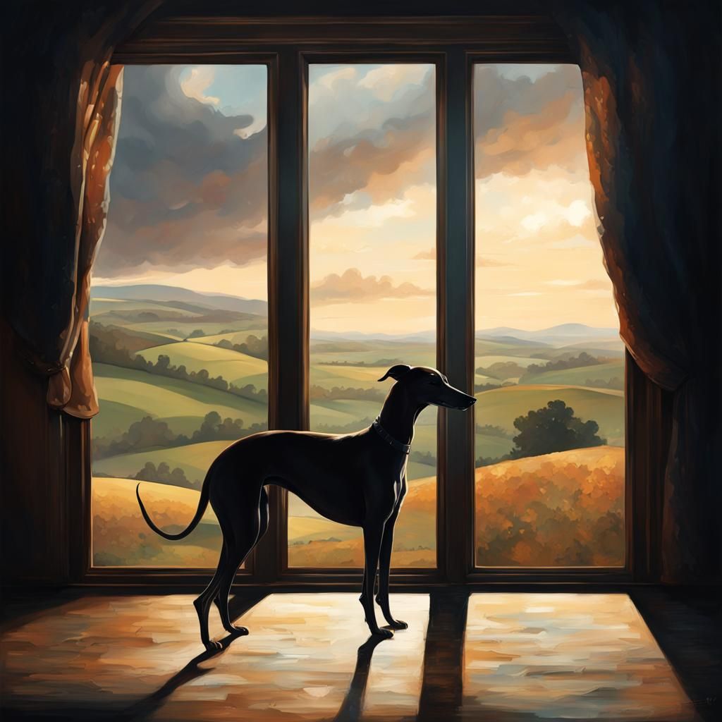 A majestic greyhound silhouetted against a window. Outside y...