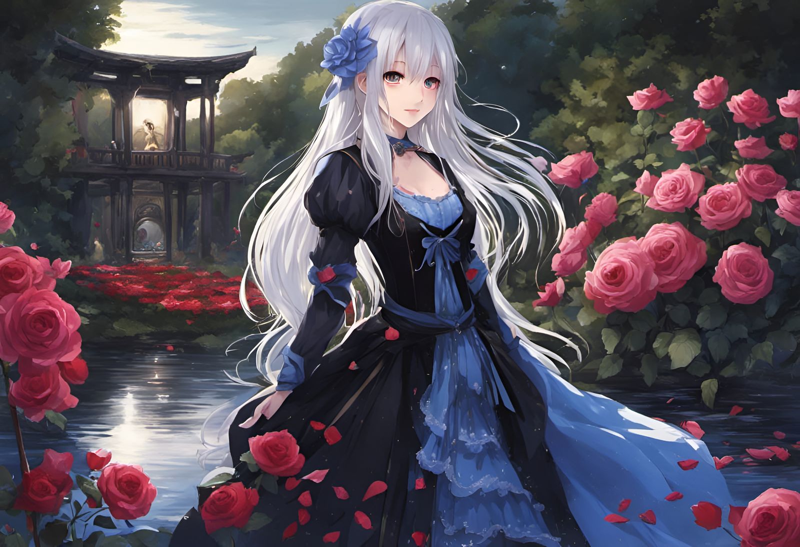 Anime Girl in Rose Garden with Staff