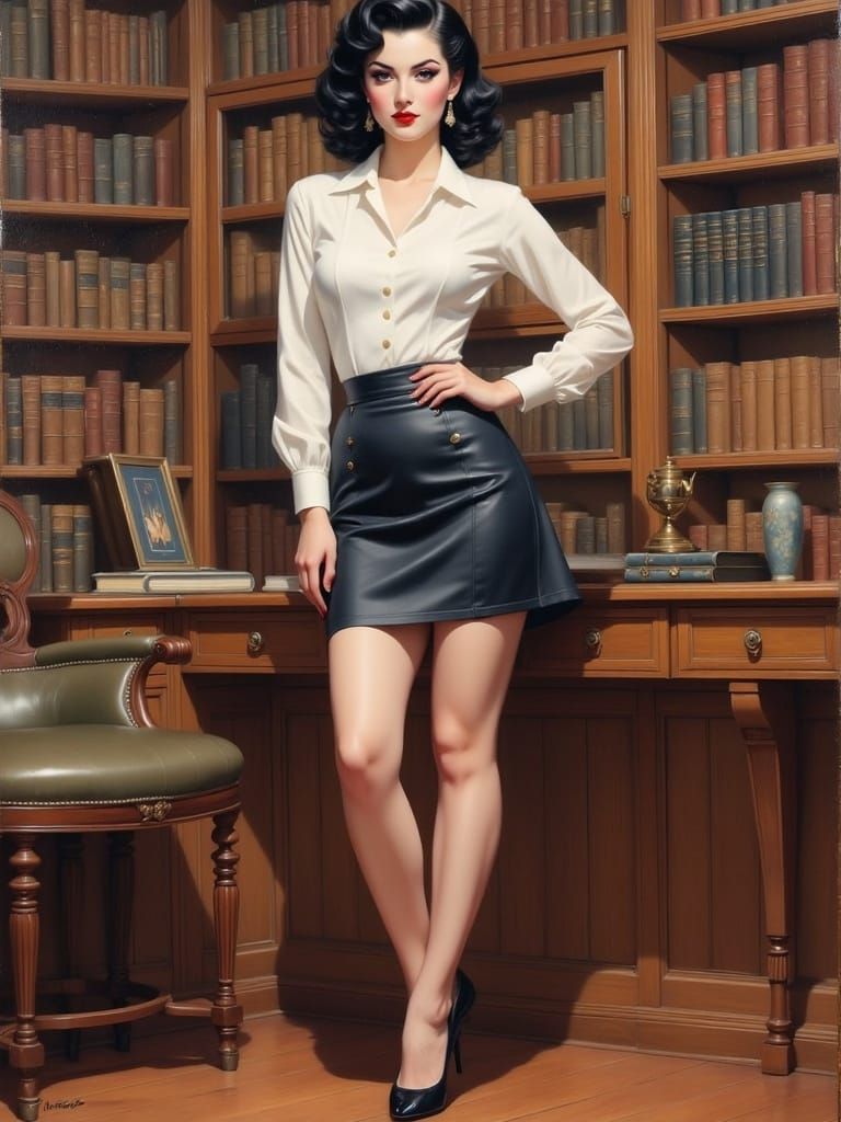 1940s Pin-Up Woman Reading in Library Oil Painting