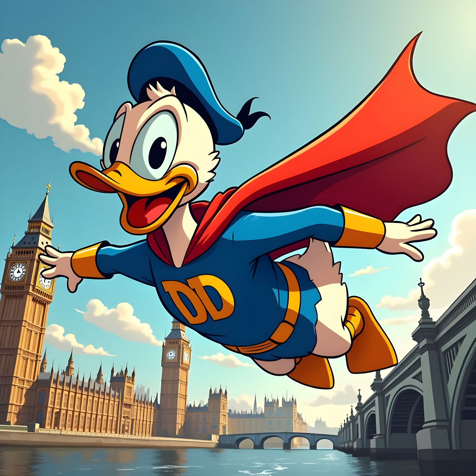 Donald Duck Soaring Over London as Superhero