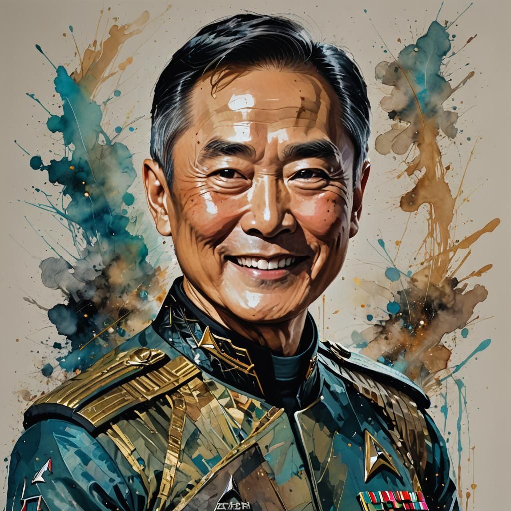 Portrait of George Takei in the style of Carne Griffiths, smiling, star trek uniform