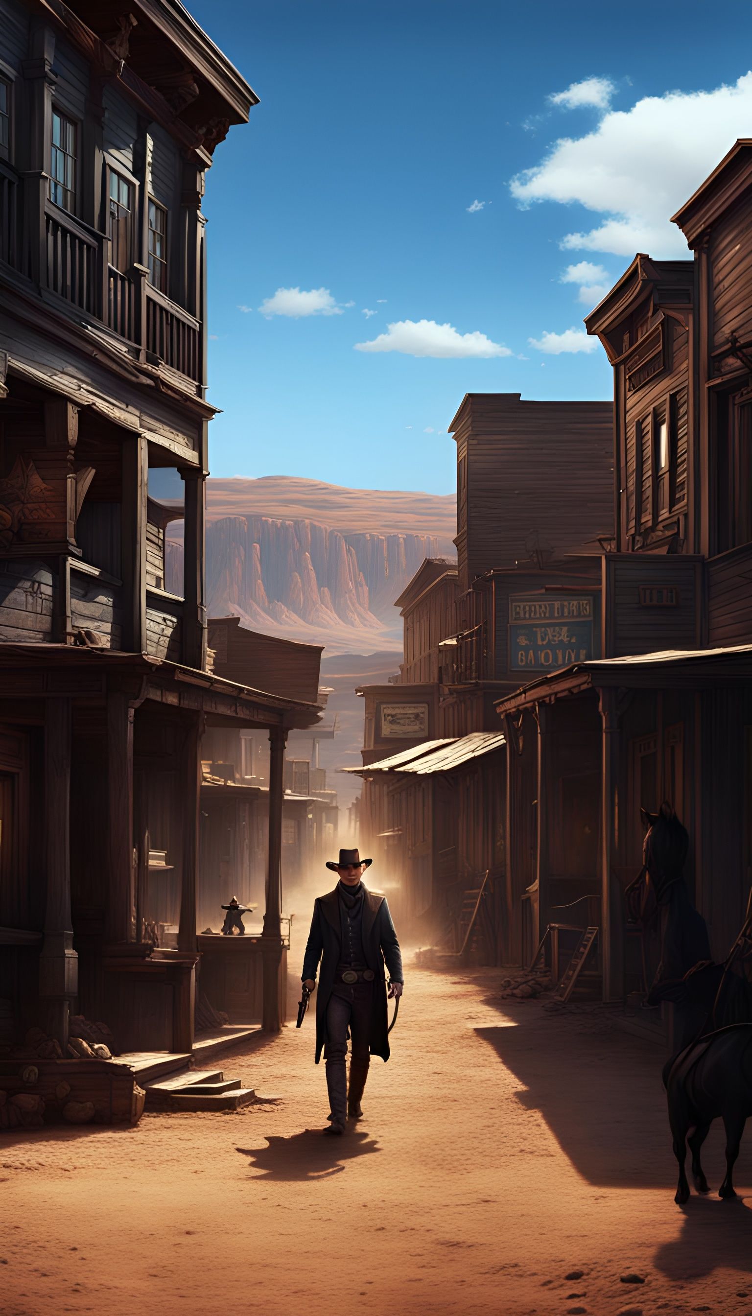 Dark Cowboy in Western Town Digital Matte Painting