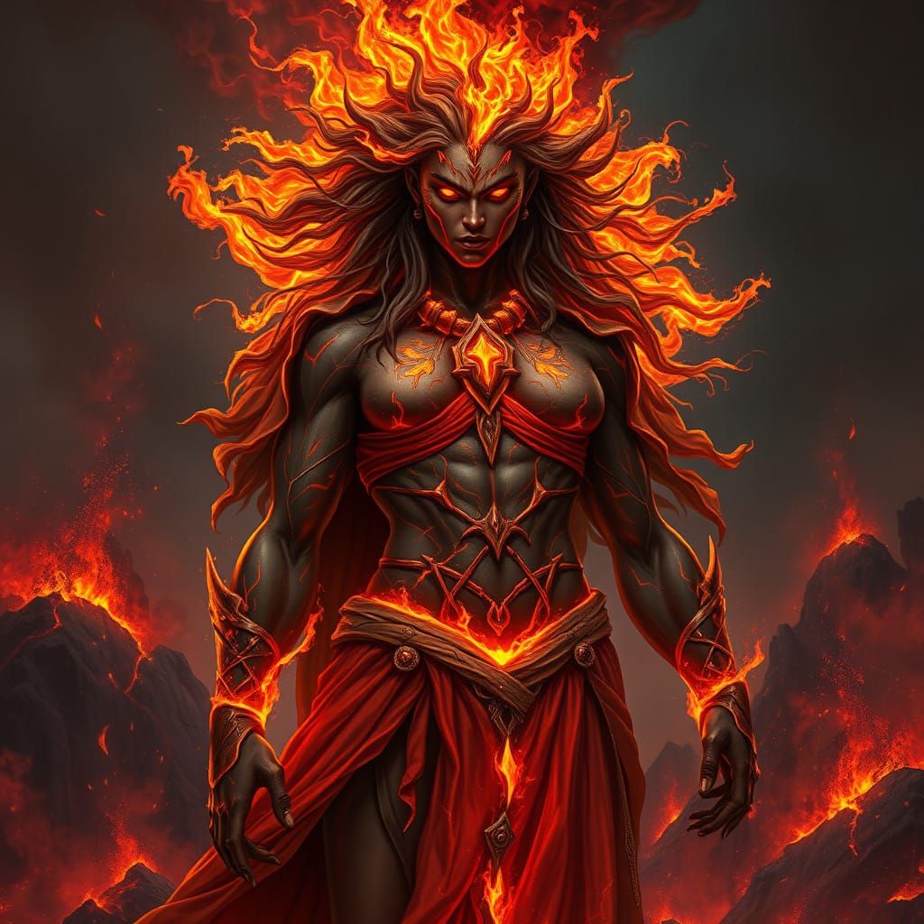 Colossal Goddess of Fire amidst Volcanic Fury