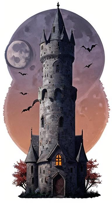 Gothic Castle Under Harvest Moon With Wizard